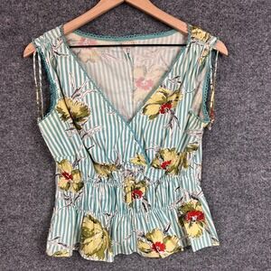 Lisa‎ Ho Floral Striped Sleeveless Top Ruched Ruffle V-Neck Blouse Women's 6